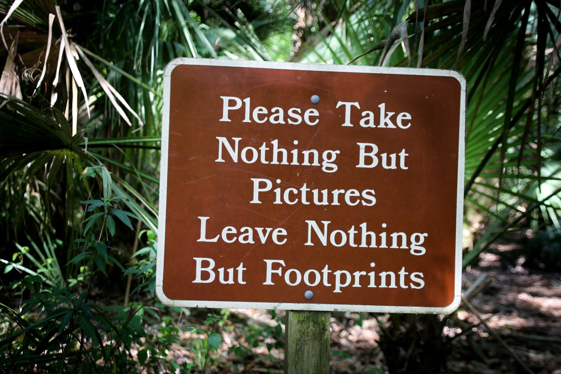 florida-guidebook-com-9CRd1J1rEOM-unsplash Sign saying please take nothing but pictures and leave nothing but footprints